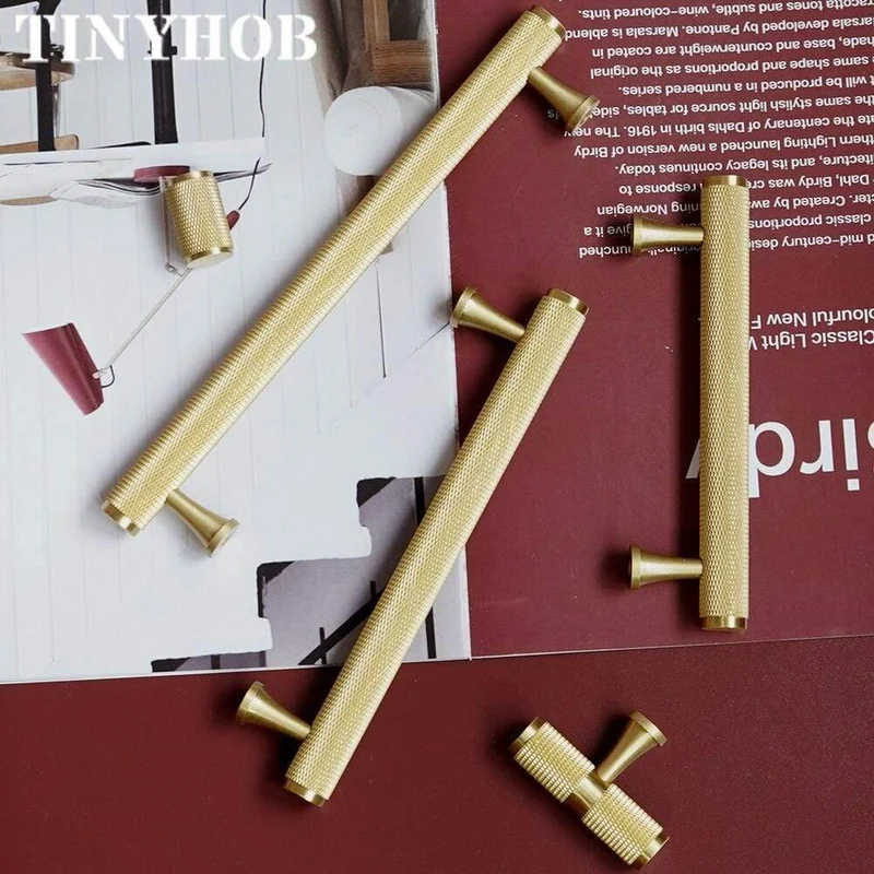 Gold gerändelt / strukturiert einfache Küchenschrank Knöpfe und Griffe Schublade zieht Schlafzimmer Knöpfe Messing T Bar Schrank Hardware