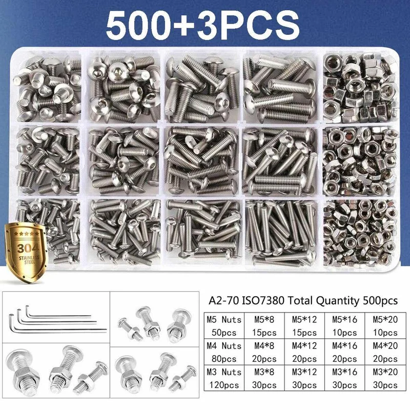 503 Stück M3, M4, M5, hochwertiger Edelstahl, Rundkopf, Innensechskantschrauben, Maschinenschrauben- und Muttern-Set mit Schraubenschlüssel
