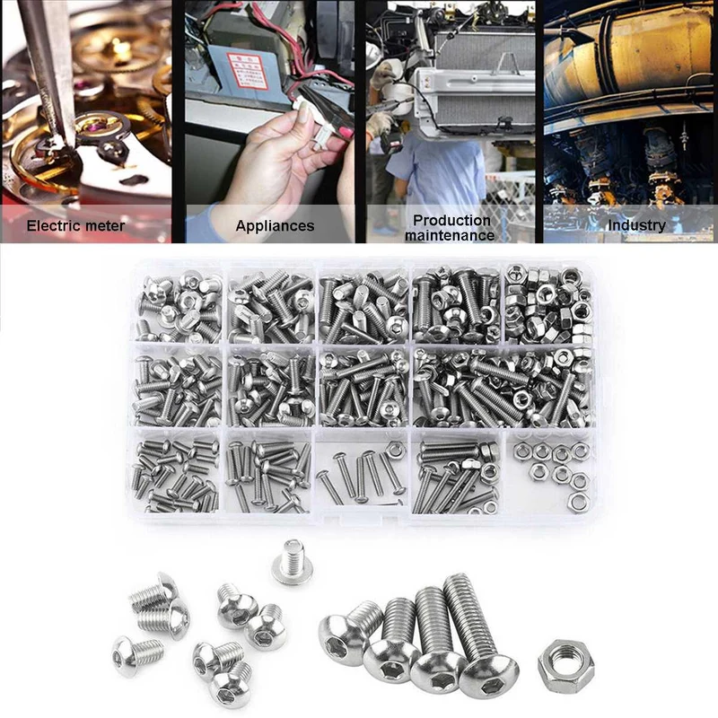 503 Stück M3, M4, M5, hochwertiger Edelstahl, Rundkopf, Innensechskantschrauben, Maschinenschrauben- und Muttern-Set mit Schraubenschlüssel