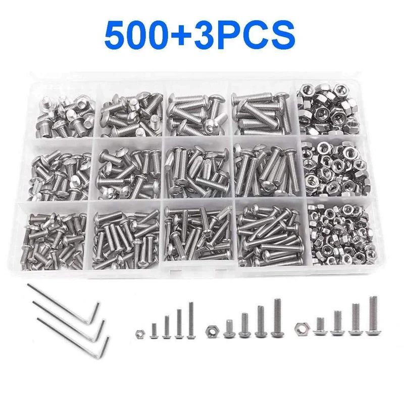 503 Stück M3, M4, M5, hochwertiger Edelstahl, Rundkopf, Innensechskantschrauben, Maschinenschrauben- und Muttern-Set mit Schraubenschlüssel