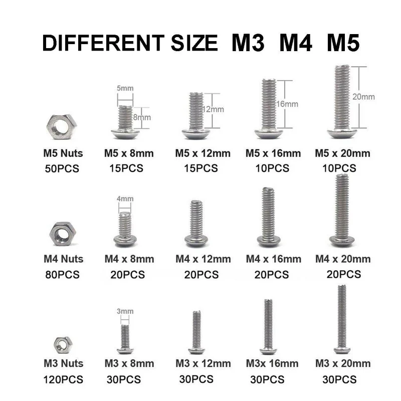 503 Stück M3, M4, M5, hochwertiger Edelstahl, Rundkopf, Innensechskantschrauben, Maschinenschrauben- und Muttern-Set mit Schraubenschlüssel