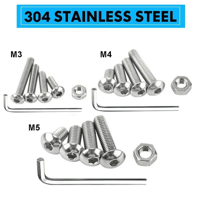 503 Stück M3, M4, M5, hochwertiger Edelstahl, Rundkopf, Innensechskantschrauben, Maschinenschrauben- und Muttern-Set mit Schraubenschlüssel