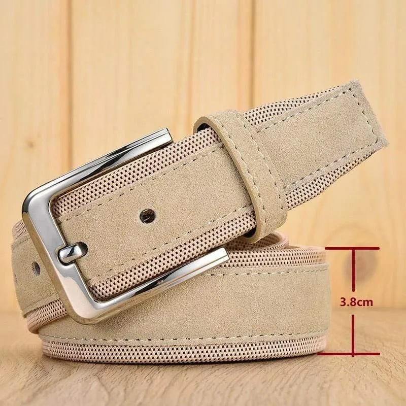 Herrengürtel aus Oxford-Gewebe und Wildleder, hochwertiges echtes Leder, luxuriöse Dornschließe für Herren, 3.5 cm und 3.8 cm Breite