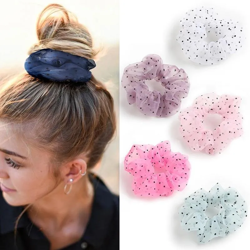 Organza Small Dot Haarring Scrunchie Süße elastische Gummiband Haargummiband für Frauen Mädchen Haarschmuck Mode Kopfbedeckung