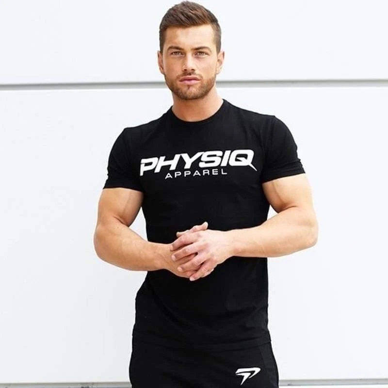Herren Kurzarm T-Shirt Turnhallen Fitness Workout Baumwolle T-Shirt Sommer Männlich Casual Mode Schlanke schwarze T-Shirts Tops Markenkleidung