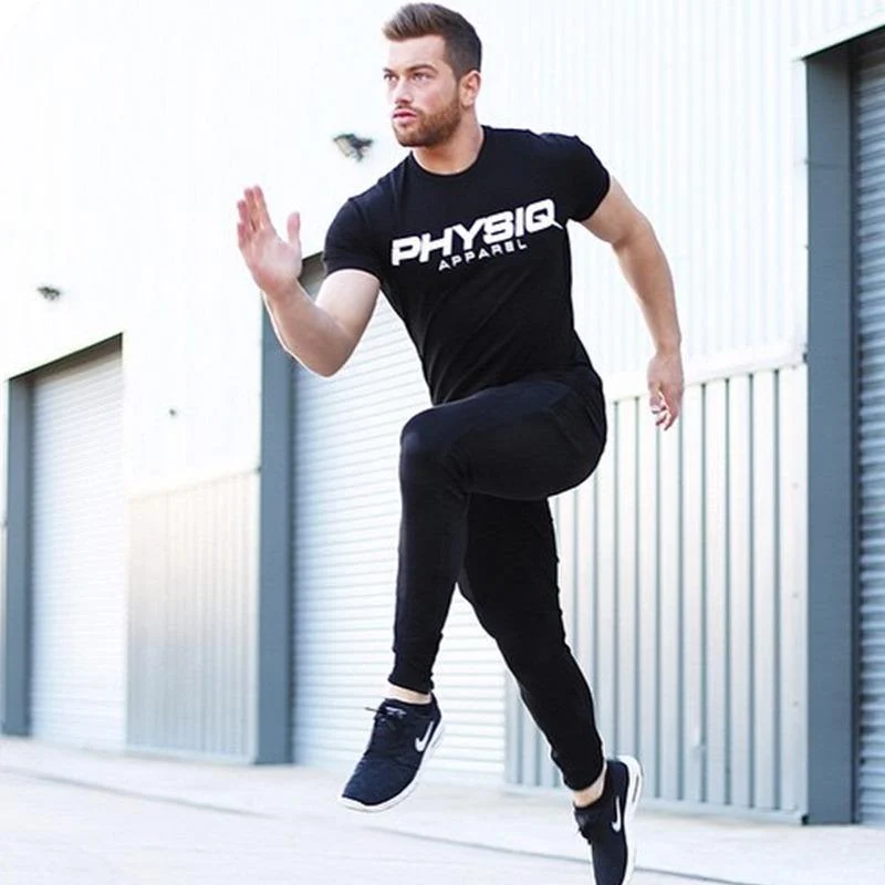 Herren Kurzarm T-Shirt Turnhallen Fitness Workout Baumwolle T-Shirt Sommer Männlich Casual Mode Schlanke schwarze T-Shirts Tops Markenkleidung