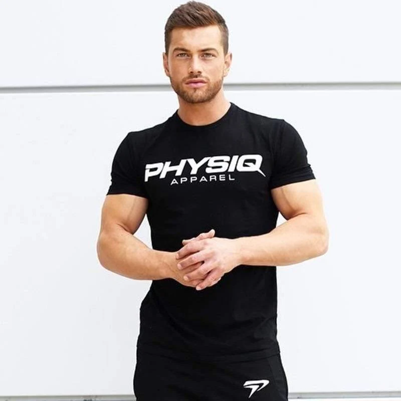 Herren Kurzarm T-Shirt Turnhallen Fitness Workout Baumwolle T-Shirt Sommer Männlich Casual Mode Schlanke schwarze T-Shirts Tops Markenkleidung