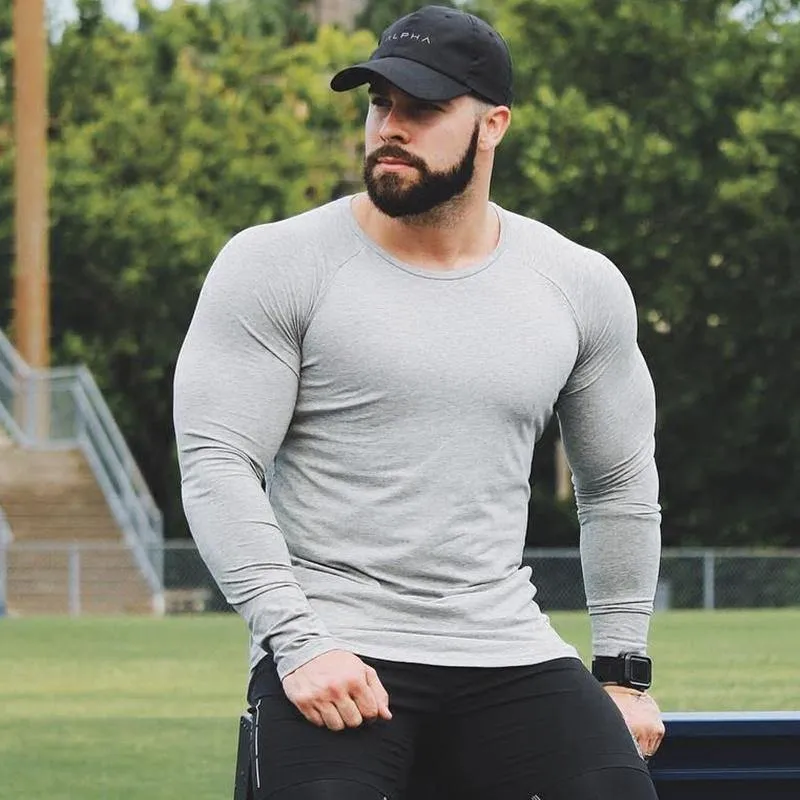Männer Casual Fashion Langarm Baumwolle T-Shirt Turnhallen Fitness Bodybuilding Workout Dünne solide T-Shirt Mann T-Shirts Oberbekleidung Kleidung