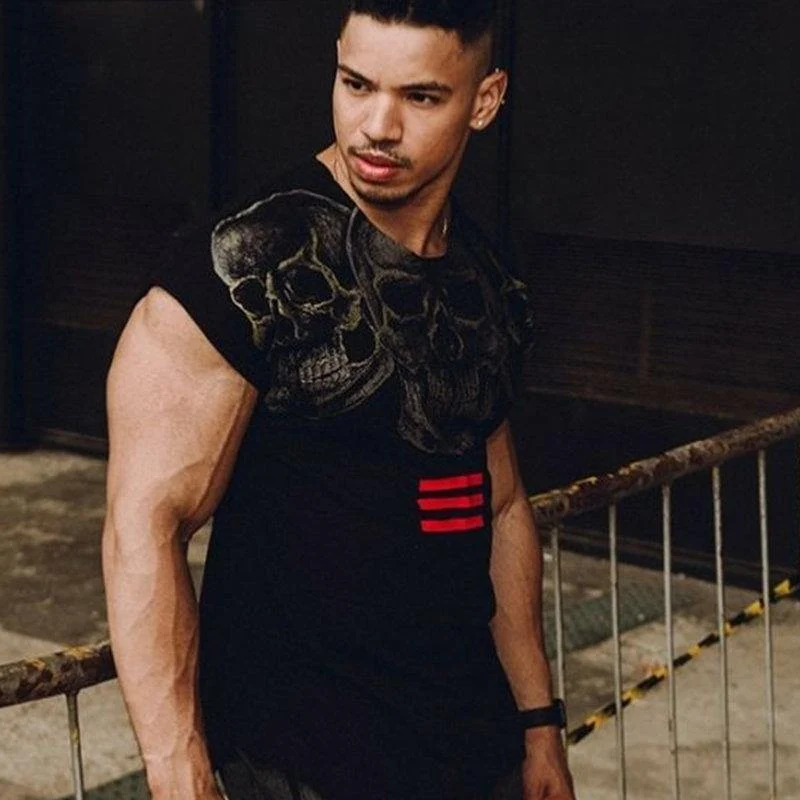 Herren Casual Fashion Skull Printed T-Shirt Turnhallen Fitness Bodybuilding Kurzarm Baumwolle T-Shirt T-Shirts Tops Male Workout Kleidung