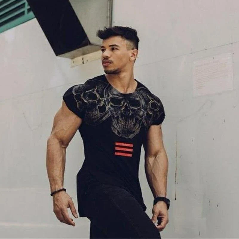 Herren Casual Fashion Skull Printed T-Shirt Turnhallen Fitness Bodybuilding Kurzarm Baumwolle T-Shirt T-Shirts Tops Male Workout Kleidung