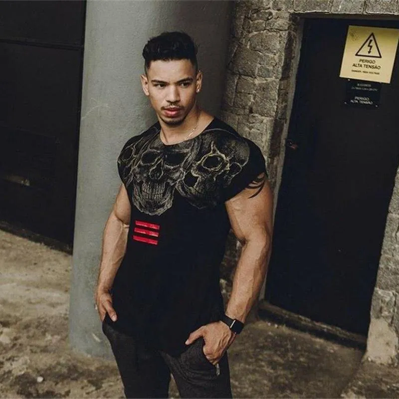 Herren Casual Fashion Skull Printed T-Shirt Turnhallen Fitness Bodybuilding Kurzarm Baumwolle T-Shirt T-Shirts Tops Male Workout Kleidung