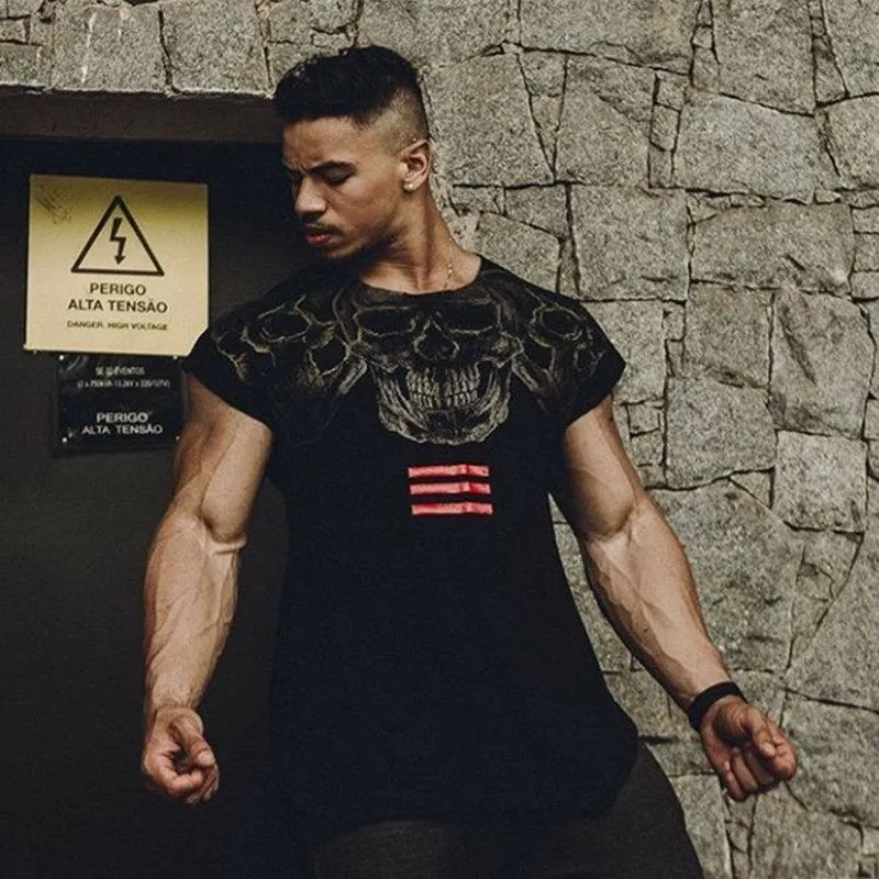 Herren Casual Fashion Skull Printed T-Shirt Turnhallen Fitness Bodybuilding Kurzarm Baumwolle T-Shirt T-Shirts Tops Male Workout Kleidung