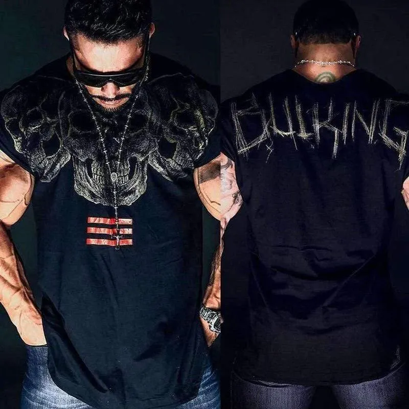 Herren Casual Fashion Skull Printed T-Shirt Turnhallen Fitness Bodybuilding Kurzarm Baumwolle T-Shirt T-Shirts Tops Male Workout Kleidung