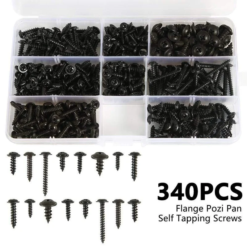 215 / 340pcs Pan Head Gewindeschneidschraube Kreuzkopf M3 / M4 / M3.5 / M4.8 Selbstschneidender Schraubensatz Sortiment Kit Schwarz Möbel Kohlenstoffstahl
