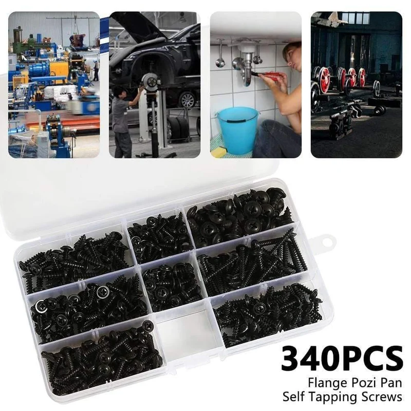 215 / 340pcs Pan Head Gewindeschneidschraube Kreuzkopf M3 / M4 / M3.5 / M4.8 Selbstschneidender Schraubensatz Sortiment Kit Schwarz Möbel Kohlenstoffstahl