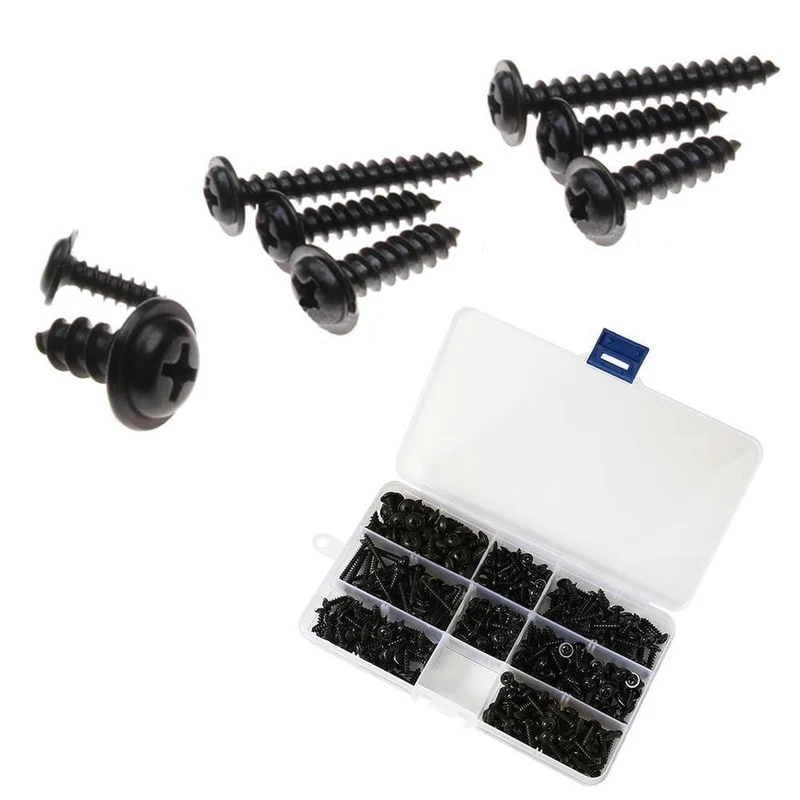215 / 340pcs Pan Head Gewindeschneidschraube Kreuzkopf M3 / M4 / M3.5 / M4.8 Selbstschneidender Schraubensatz Sortiment Kit Schwarz Möbel Kohlenstoffstahl