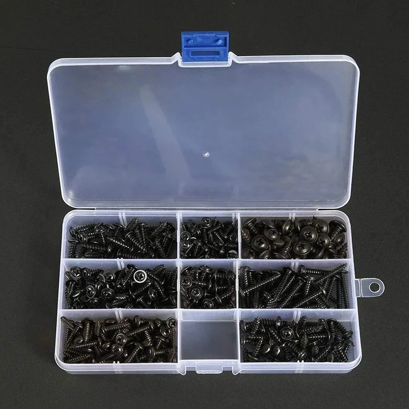 215 / 340pcs Pan Head Gewindeschneidschraube Kreuzkopf M3 / M4 / M3.5 / M4.8 Selbstschneidender Schraubensatz Sortiment Kit Schwarz Möbel Kohlenstoffstahl