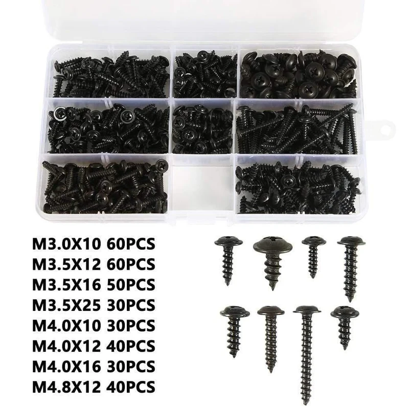 215 / 340pcs Pan Head Gewindeschneidschraube Kreuzkopf M3 / M4 / M3.5 / M4.8 Selbstschneidender Schraubensatz Sortiment Kit Schwarz Möbel Kohlenstoffstahl
