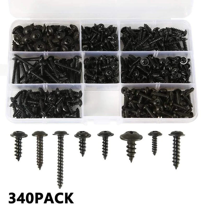 215 / 340pcs Pan Head Gewindeschneidschraube Kreuzkopf M3 / M4 / M3.5 / M4.8 Selbstschneidender Schraubensatz Sortiment Kit Schwarz Möbel Kohlenstoffstahl