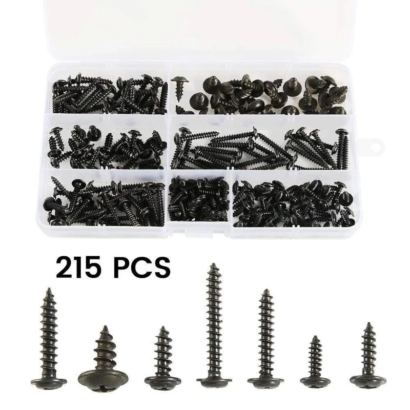 215 / 340pcs Pan Head Gewindeschneidschraube Kreuzkopf M3 / M4 / M3.5 / M4.8 Selbstschneidender Schraubensatz Sortiment Kit Schwarz Möbel Kohlenstoffstahl