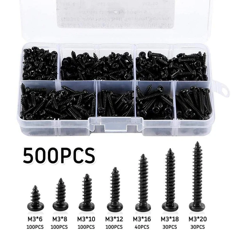 215 / 340pcs Pan Head Gewindeschneidschraube Kreuzkopf M3 / M4 / M3.5 / M4.8 Selbstschneidender Schraubensatz Sortiment Kit Schwarz Möbel Kohlenstoffstahl
