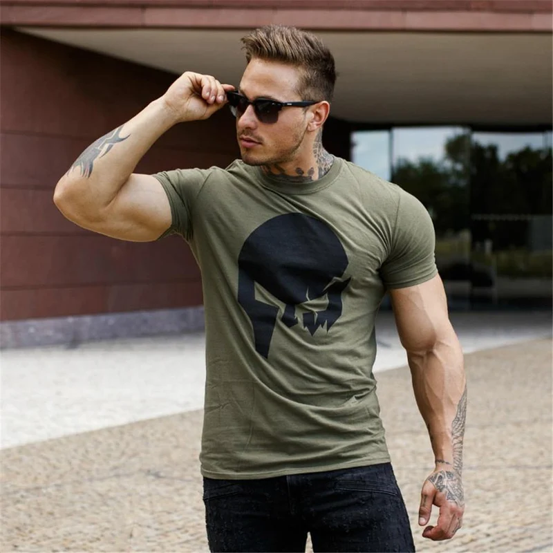 Mode Schädel Druck Baumwolle T-Shirt Männer Turnhallen Fitness Slim T-Shirt Mann Sommer New Casual Kurzarm T-Shirts Top Männer Markenkleidung