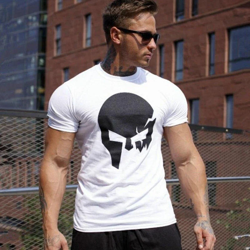 Mode Schädel Druck Baumwolle T-Shirt Männer Turnhallen Fitness Slim T-Shirt Mann Sommer New Casual Kurzarm T-Shirts Top Männer Markenkleidung