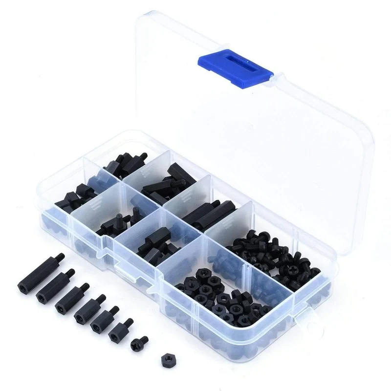 180 Stück praktische schwarze M3-Nylon-Sechskant-Abstandshalter, Schraubenmutter, Abstandsset, Befestigungselemente mit Kunststoffbox für PC-Board-Elektronik, Computer