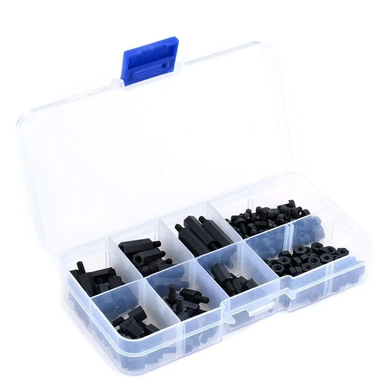 180 Stück praktische schwarze M3-Nylon-Sechskant-Abstandshalter, Schraubenmutter, Abstandsset, Befestigungselemente mit Kunststoffbox für PC-Board-Elektronik, Computer
