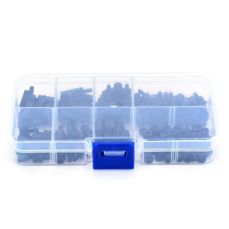 180 Stück praktische schwarze M3-Nylon-Sechskant-Abstandshalter, Schraubenmutter, Abstandsset, Befestigungselemente mit Kunststoffbox für PC-Board-Elektronik, Computer