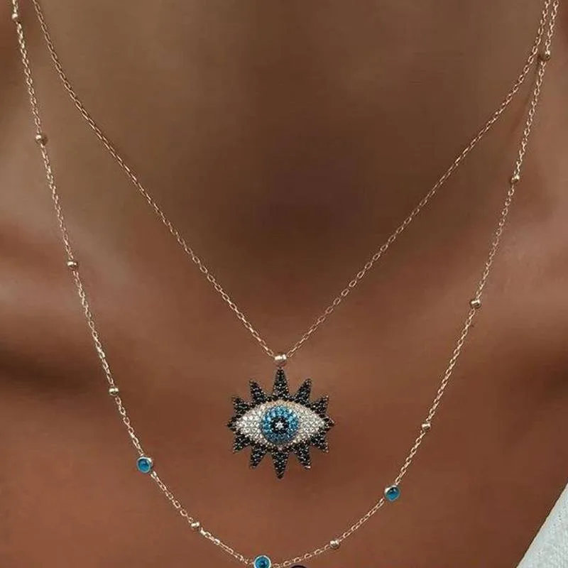 Vintage Mode Evil Eye Halskette Anhänger Schlüsselbein Kette Statement Lange Halskette Frauen Zubehör Kragen De Moda Bijoux Femme (Gold)
