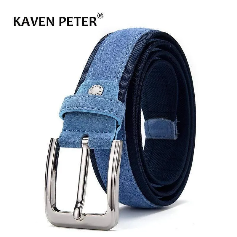 Herren-Wildledergürtel mit Oxford-Stoffband, echtes Leder, luxuriöse Dornschließe, blau, Gürtel für Männer, 3.5 cm und 4.0 cm Breite