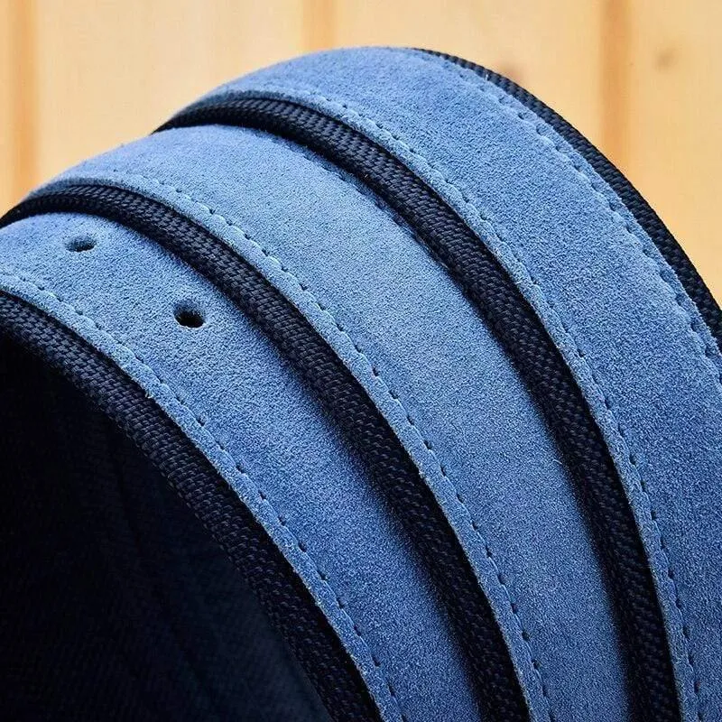 Herren-Wildledergürtel mit Oxford-Stoffband, echtes Leder, luxuriöse Dornschließe, blau, Gürtel für Männer, 3.5 cm und 4.0 cm Breite