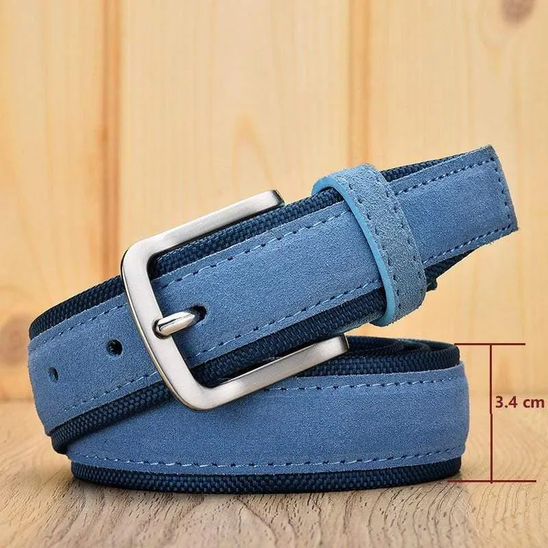 Herren-Wildledergürtel mit Oxford-Stoffband, echtes Leder, luxuriöse Dornschließe, blau, Gürtel für Männer, 3.5 cm und 4.0 cm Breite