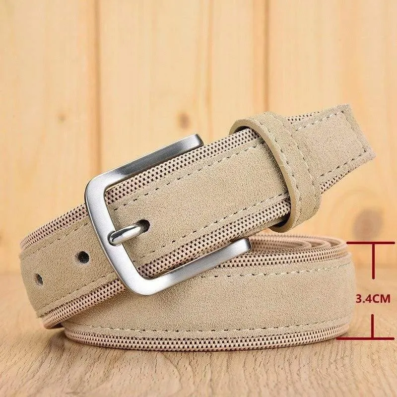 Herren-Wildledergürtel mit Oxford-Stoffband, echtes Leder, luxuriöse Dornschließe, blau, Gürtel für Männer, 3.5 cm und 4.0 cm Breite