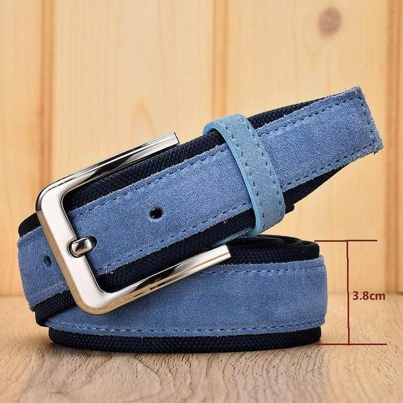 Herren-Wildledergürtel mit Oxford-Stoffband, echtes Leder, luxuriöse Dornschließe, blau, Gürtel für Männer, 3.5 cm und 4.0 cm Breite