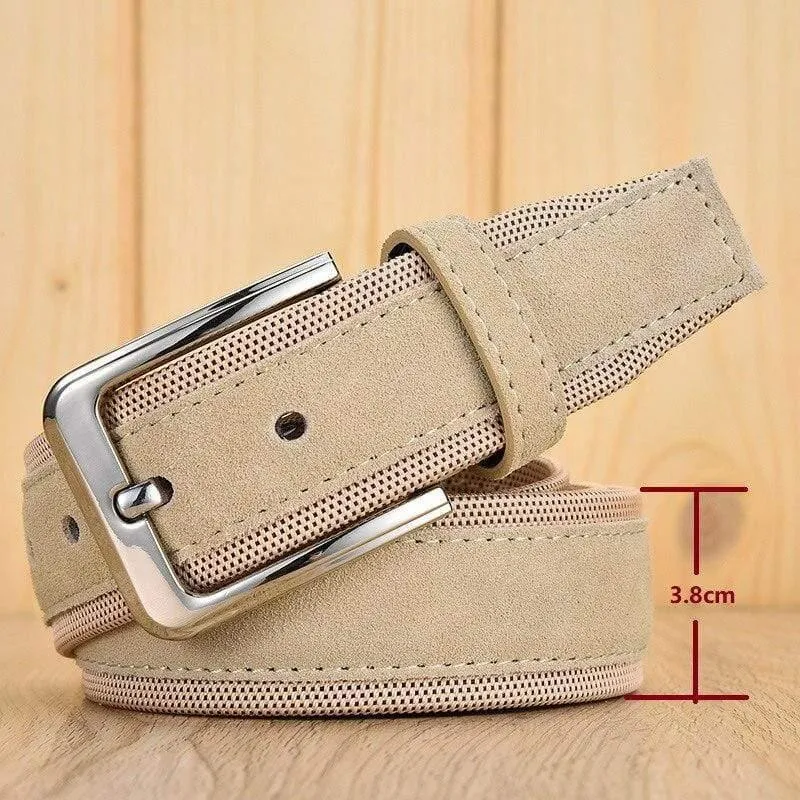 Herren-Wildledergürtel mit Oxford-Stoffband, echtes Leder, luxuriöse Dornschließe, blau, Gürtel für Männer, 3.5 cm und 4.0 cm Breite