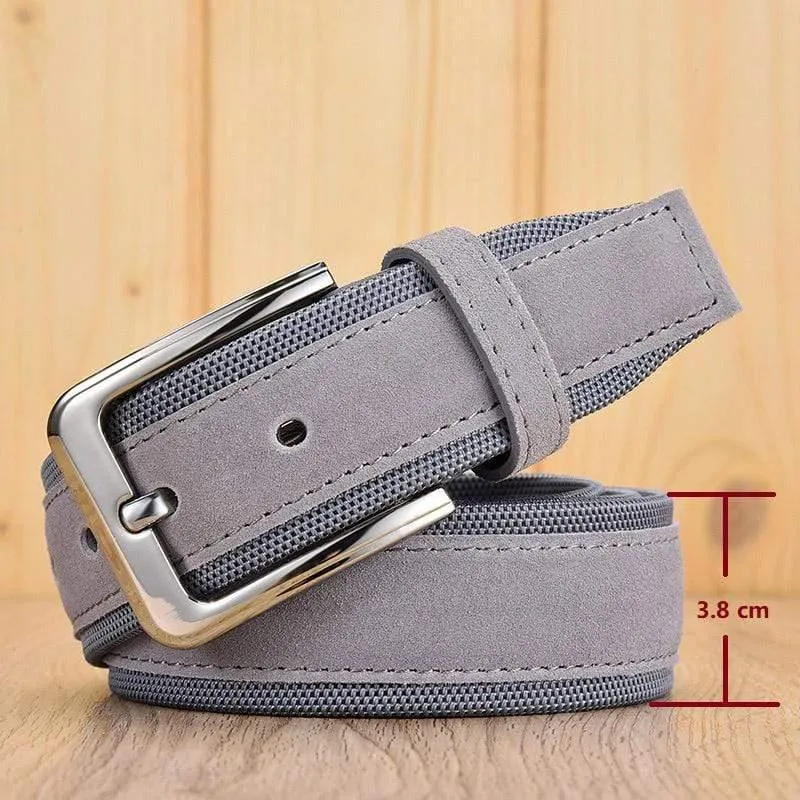 Herren-Wildledergürtel mit Oxford-Stoffband, echtes Leder, luxuriöse Dornschließe, blau, Gürtel für Männer, 3.5 cm und 4.0 cm Breite