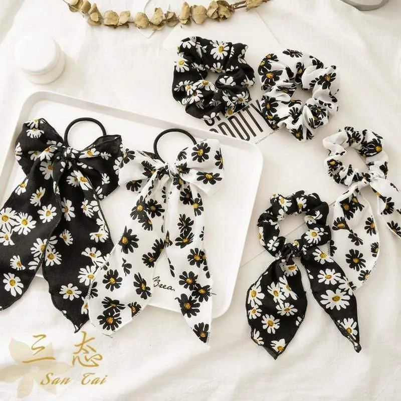 Daisy Print Bogen Streamer Scrunchies Seide Elastische Haarband Für Frauen Mädchen Haar Krawatten Koreanische Süße Haar Zubehör