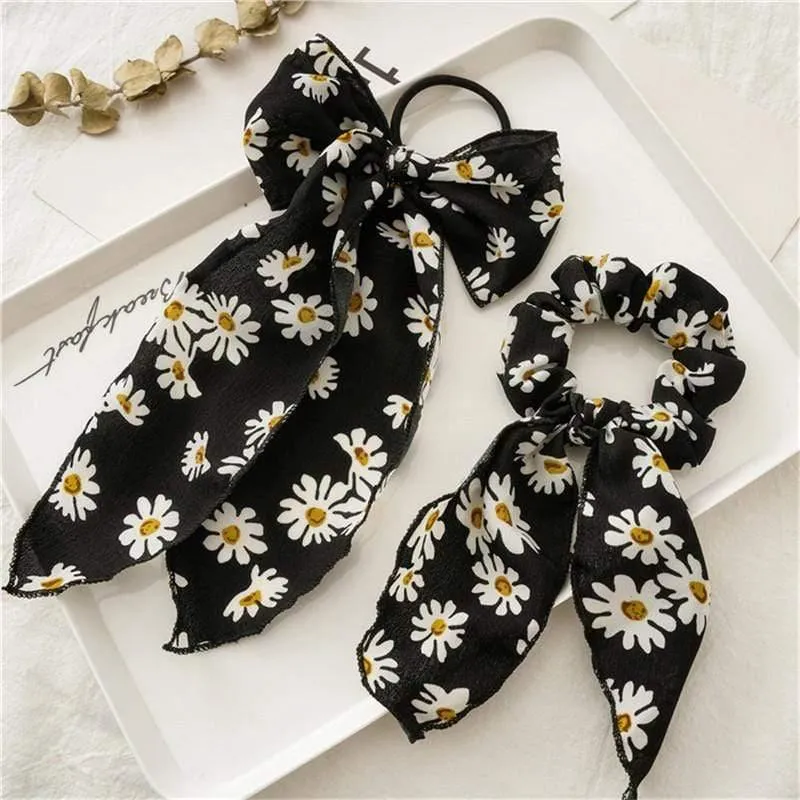 Daisy Print Bogen Streamer Scrunchies Seide Elastische Haarband Für Frauen Mädchen Haar Krawatten Koreanische Süße Haar Zubehör