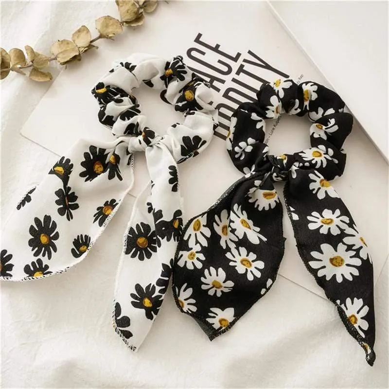 Daisy Print Bogen Streamer Scrunchies Seide Elastische Haarband Für Frauen Mädchen Haar Krawatten Koreanische Süße Haar Zubehör