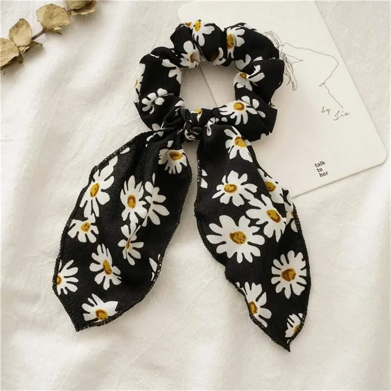 Daisy Print Bogen Streamer Scrunchies Seide Elastische Haarband Für Frauen Mädchen Haar Krawatten Koreanische Süße Haar Zubehör
