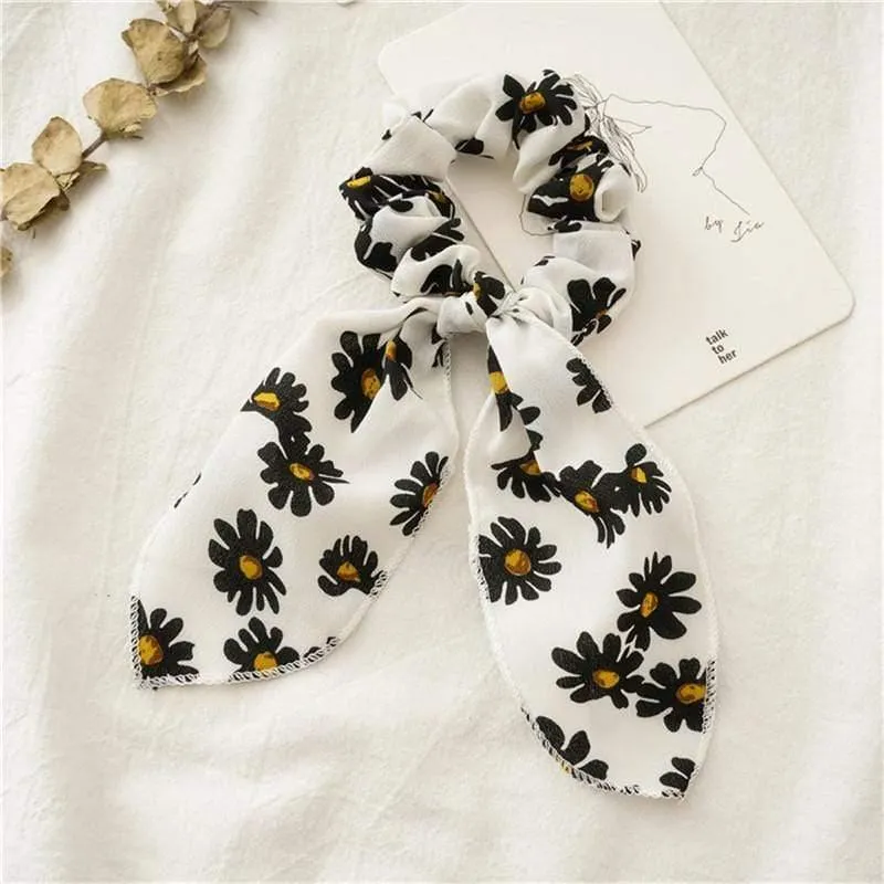 Daisy Print Bogen Streamer Scrunchies Seide Elastische Haarband Für Frauen Mädchen Haar Krawatten Koreanische Süße Haar Zubehör