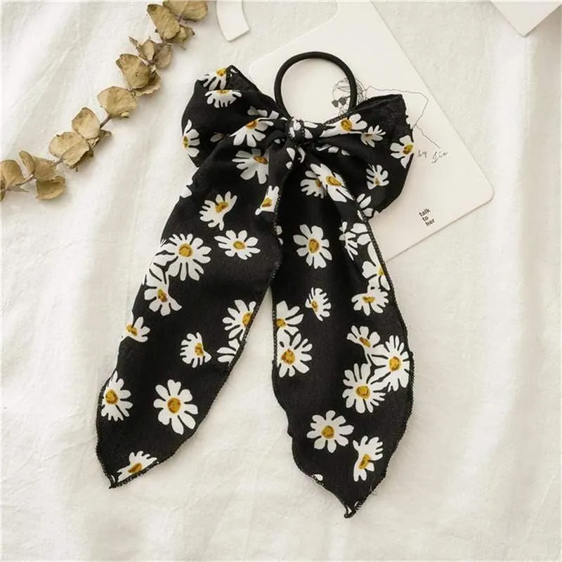 Daisy Print Bogen Streamer Scrunchies Seide Elastische Haarband Für Frauen Mädchen Haar Krawatten Koreanische Süße Haar Zubehör
