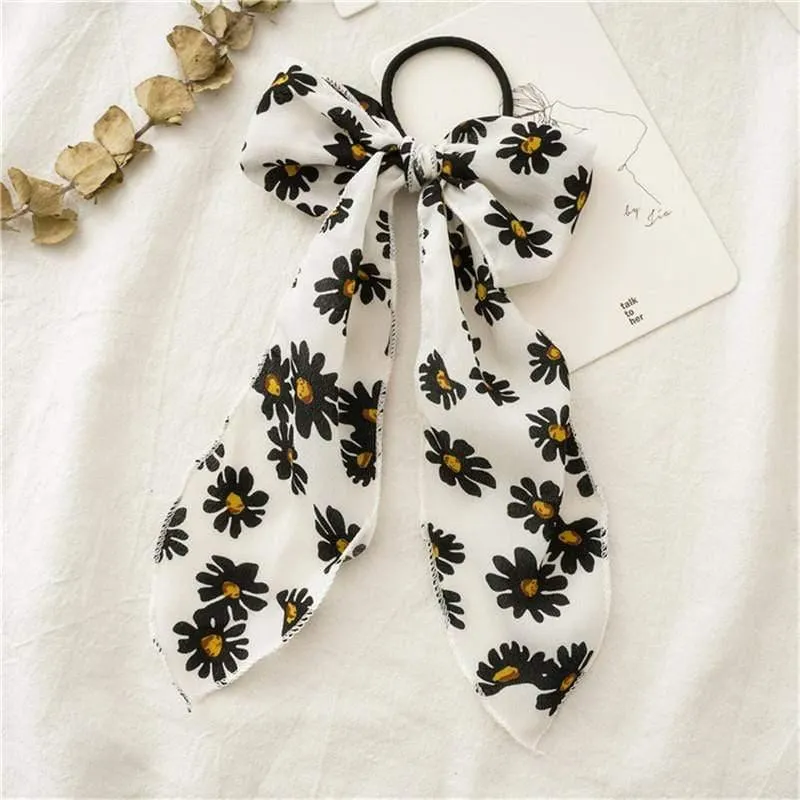 Daisy Print Bogen Streamer Scrunchies Seide Elastische Haarband Für Frauen Mädchen Haar Krawatten Koreanische Süße Haar Zubehör