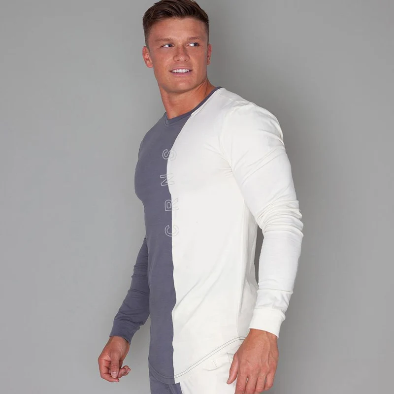 Mode Patchwork T-shirt Männer Beiläufige Dünne Langarm T Shirt Turnhallen Fitness Workout Sportliche T Tops Herbst Neue Männliche Marke bekleidung