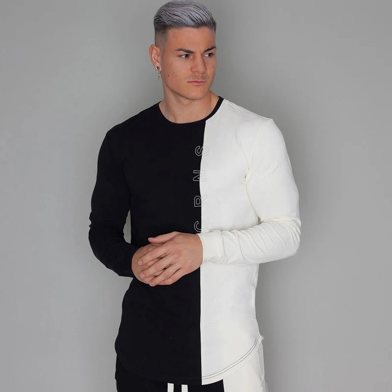 Mode Patchwork T-shirt Männer Beiläufige Dünne Langarm T Shirt Turnhallen Fitness Workout Sportliche T Tops Herbst Neue Männliche Marke bekleidung