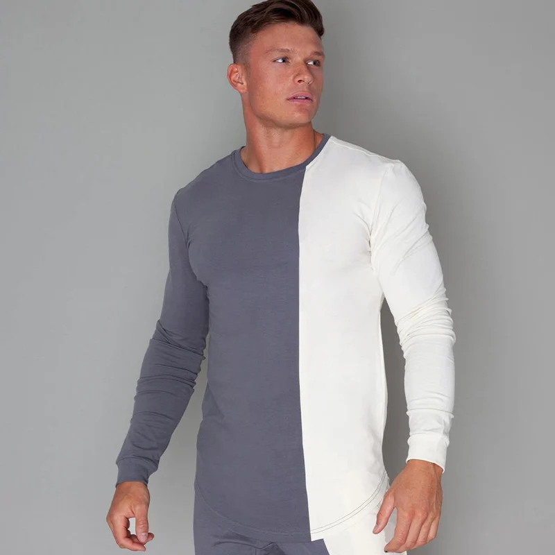 Mode Patchwork T-shirt Männer Beiläufige Dünne Langarm T Shirt Turnhallen Fitness Workout Sportliche T Tops Herbst Neue Männliche Marke bekleidung