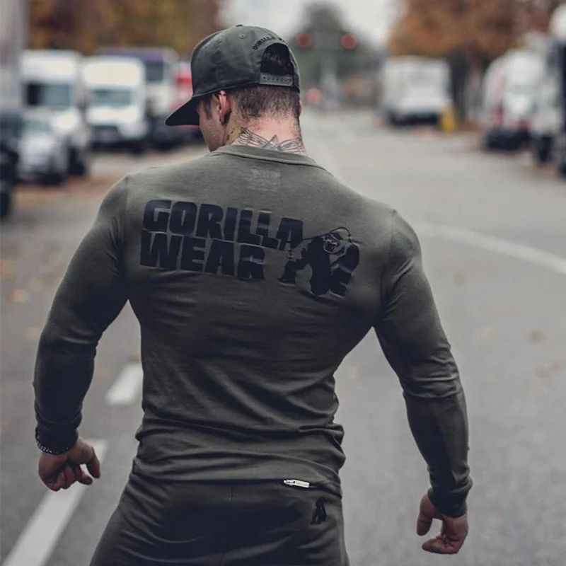 Fitness Sportliche Langarm T Shirt Männer Turnhallen Workout Dünne Baumwolle Gedruckt T-shirt Männliche Herbst Neue Casual Tee Tops Marke kleidung