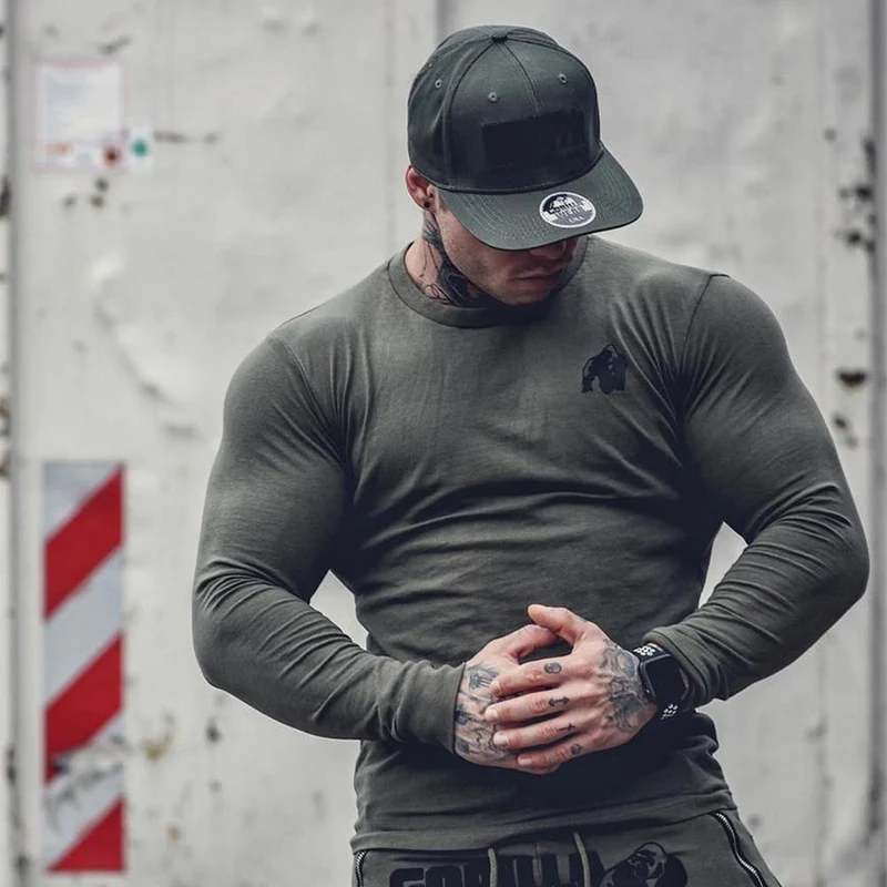 Fitness Sportliche Langarm T Shirt Männer Turnhallen Workout Dünne Baumwolle Gedruckt T-shirt Männliche Herbst Neue Casual Tee Tops Marke kleidung